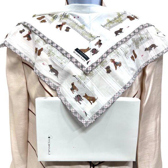 New Trendy in box Burberry London Mini Scarf, 20" white green with dogs logo(74 - Picture 2 of 6